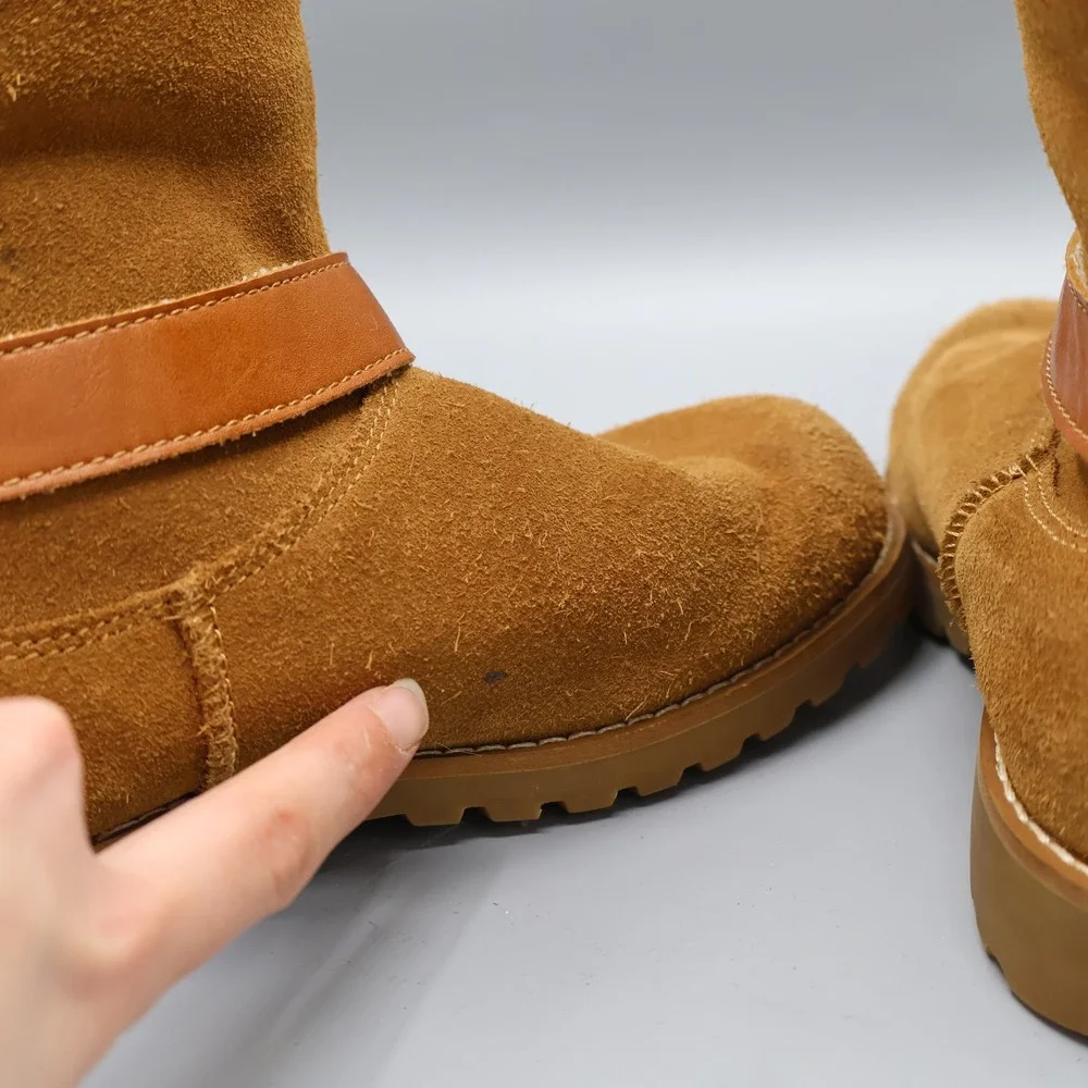 UGG Nessa Shearling Chestnut Suede Boots‎ Kids Size 1 Buckle Zip Warm Boho